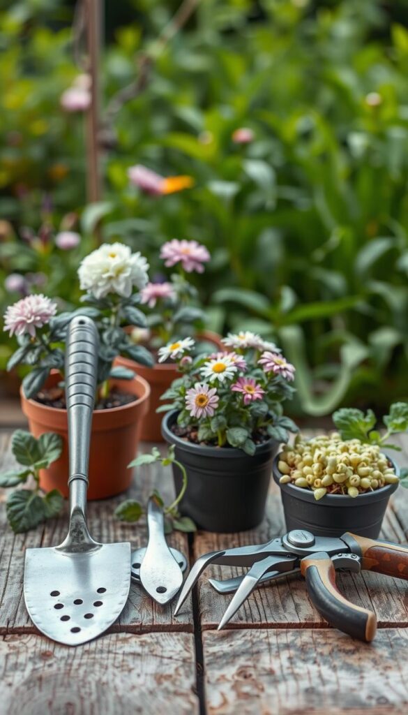 A well-lit, high-resolution photograph of a still life arrangement showcasing a variety of garden tools suitable for dividing perennial plants. The foreground features a set of sharp, stainless steel hand tools, such as a sturdy trowel, a small garden fork, and a pair of pruning shears, neatly arranged on a weathered wooden surface. In the middle ground, several healthy perennial plants in their pots are visible, representing the subjects that these tools would be used to gently divide. The background depicts a lush, green garden scene, with a soft, diffused natural light filtering through. The overall tone is one of calm, focused, and purposeful preparation for the task of plant division, conveying the care and attention required for this gardening practice.