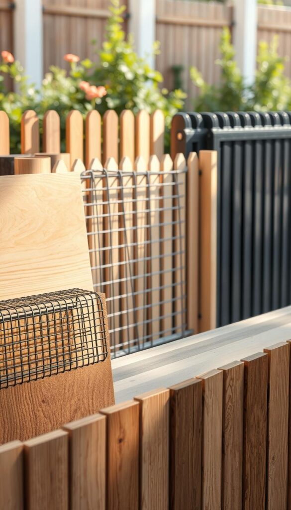 A well-lit, high-resolution still life showcasing various fencing materials arranged in an organized display. The foreground features a close-up view of different fencing textures and finishes, including smooth wooden panels, rugged metal mesh, and sleek vinyl planks. The middle ground presents the materials in a clean, minimalist setting, with ample negative space to highlight the individual characteristics of each type. The background subtly suggests an outdoor garden or landscape context, with soft, natural lighting to create a warm, inviting atmosphere. The overall composition emphasizes the diverse aesthetic and functional qualities of these fencing options, inviting the viewer to closely examine and compare the materials.
