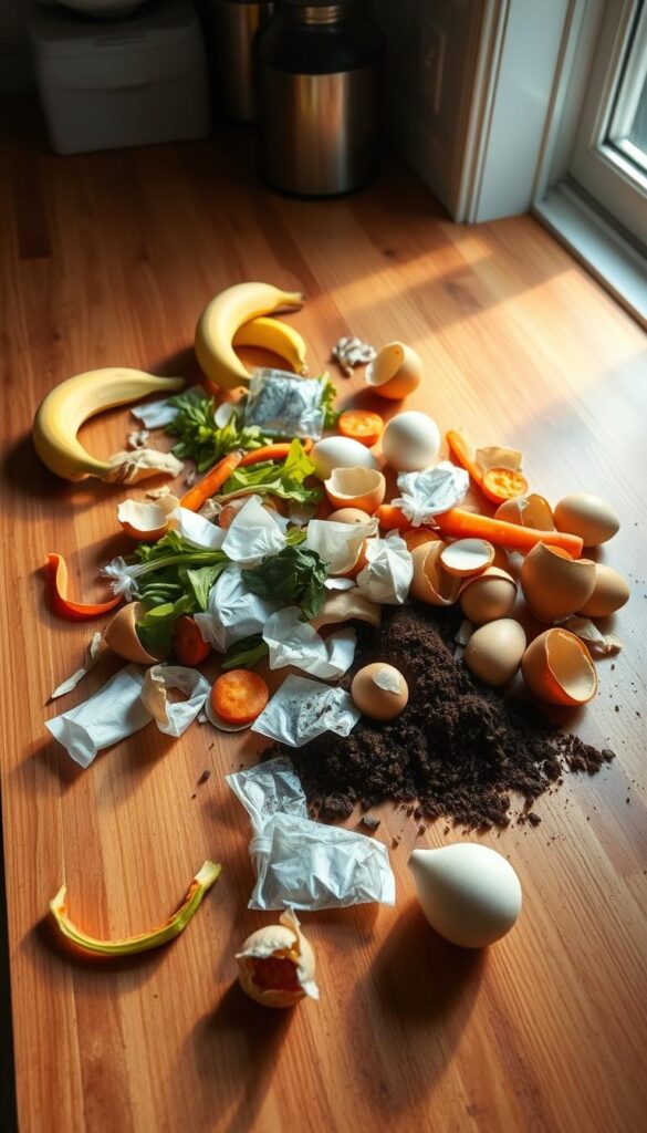 A well-lit kitchen counter, its surface strewn with an assortment of winter composting materials - banana peels, carrot tops, eggshells, tea bags, and coffee grounds. The items are arranged in a natural, organic manner, casting soft shadows on the wooden surface. The lighting is warm and diffused, creating a cozy, inviting atmosphere. The camera angle is slightly elevated, providing a bird's-eye view that showcases the varied textures and colors of the kitchen scraps, ready to be incorporated into a nutrient-rich compost pile. The overall mood is one of simplicity, sustainability, and the quiet rhythm of daily food waste repurposing. A well-lit kitchen counter, its surface strewn with an assortment of winter composting materials - banana peels, carrot tops, eggshells, tea bags, and coffee grounds. The items are arranged in a natural, organic manner, casting soft shadows on the wooden surface. The lighting is warm and diffused, creating a cozy, inviting atmosphere. The camera angle is slightly elevated, providing a bird's-eye view that showcases the varied textures and colors of the kitchen scraps, ready to be incorporated into a nutrient-rich compost pile. The overall mood is one of simplicity, sustainability, and the quiet rhythm of daily food waste repurposing.