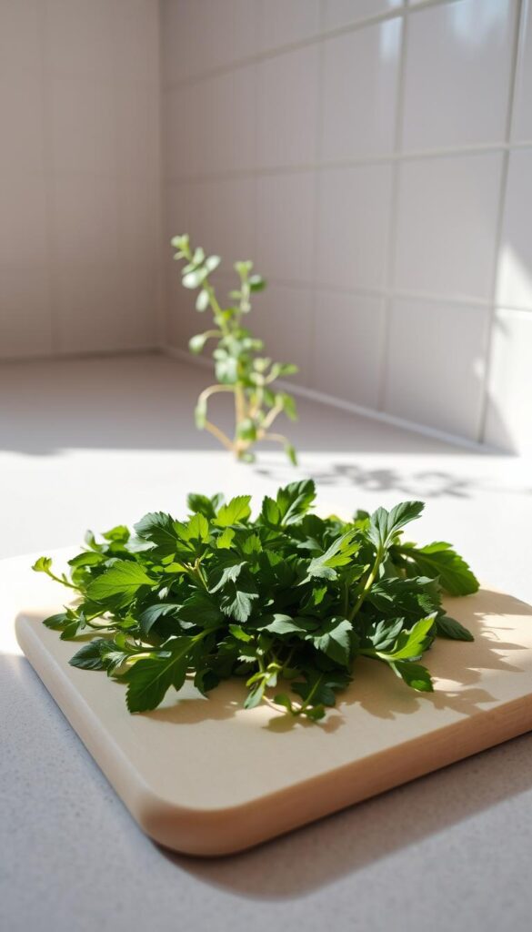 A well-lit kitchen countertop, a small cutting board in the foreground, an array of freshly harvested green leaves arranged artfully on the board, their vibrant color and delicate texture accentuated by soft natural lighting. In the middle ground, a few sprigs of the same herbs, their stems still connected, stand upright, casting gentle shadows. The background features a simple, clean tiled wall, providing a neutral and calming backdrop to the kitchen scene. The overall mood is one of simplicity, freshness, and the joy of cooking with homegrown ingredients.