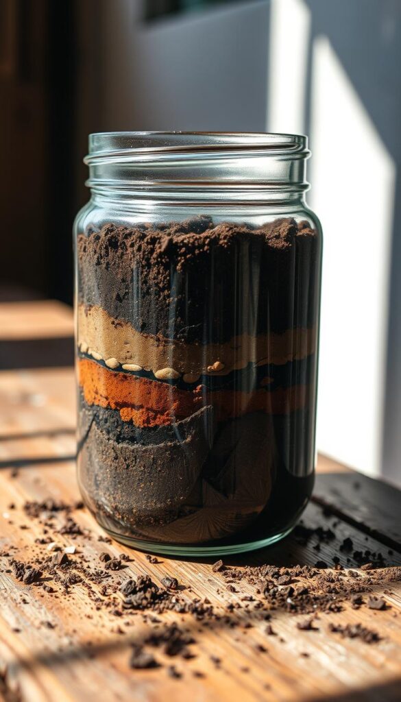 A well-lit, macro-style photograph of a soil sample in a glass jar, showcasing the different layers and textures of the earth. The jar is positioned on a rustic, wooden surface, illuminated by natural light from a nearby window. The soil is rich in color, ranging from deep browns to hints of ochre and sienna. Subtle shadows cast by the jar create depth and dimension, highlighting the intricate structure of the soil. The overall mood is one of scientific exploration and appreciation for the natural world, perfect for illustrating the importance of testing and feeding your garden's soil.