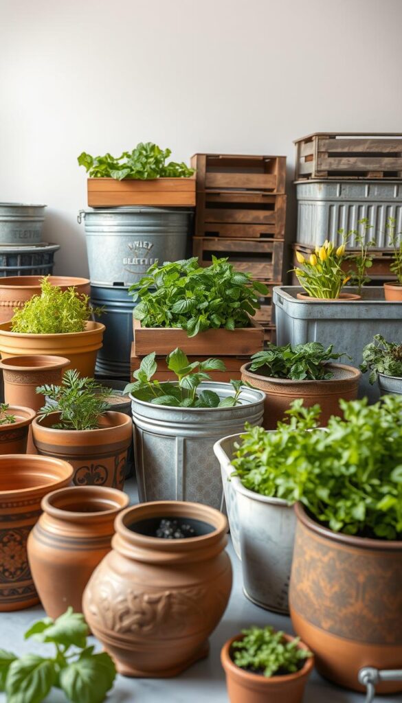 A well-lit, meticulously composed still life featuring a variety of container types used for vegetable gardening. In the foreground, several terracotta pots of varying sizes, some adorned with intricate patterns. In the middle ground, a mix of wooden planters and plastic storage bins, each brimming with lush greenery. The background showcases an assortment of weathered galvanized tubs and repurposed crates, all arranged against a clean, neutral backdrop that allows the natural textures and colors of the containers to shine. The lighting is soft and diffused, creating a sense of warmth and inviting the viewer to imagine the containers filled with thriving vegetable plants. A well-lit, meticulously composed still life featuring a variety of container types used for vegetable gardening. In the foreground, several terracotta pots of varying sizes, some adorned with intricate patterns. In the middle ground, a mix of wooden planters and plastic storage bins, each brimming with lush greenery. The background showcases an assortment of weathered galvanized tubs and repurposed crates, all arranged against a clean, neutral backdrop that allows the natural textures and colors of the containers to shine. The lighting is soft and diffused, creating a sense of warmth and inviting the viewer to imagine the containers filled with thriving vegetable plants.