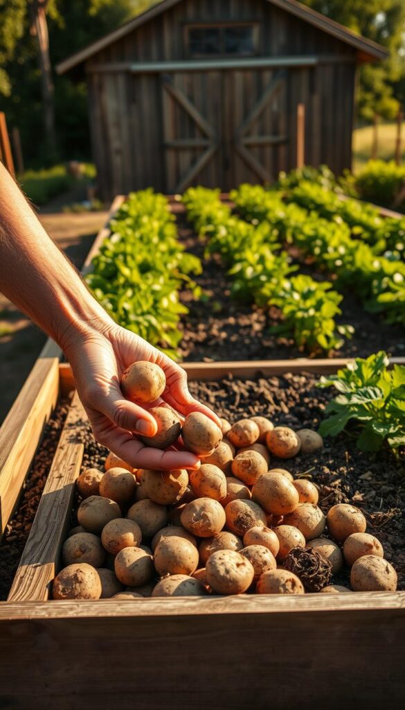 A well-lit outdoor scene showcasing a bountiful harvest of potatoes. In the foreground, a farmer's hands gently lift fresh, earthy tubers from a raised garden bed with a wooden slatted frame. The middle ground reveals rows of lush green potato plants, their leaves rustling in a soft breeze. In the background, a rustic wooden shed or barn stands, casting long, warm shadows across the scene. The lighting is natural, with the sun casting a golden glow, highlighting the rich, varied tones of the soil and the vibrant greens of the foliage. The overall mood is one of abundance, satisfaction, and the pride of a successful harvest. A well-lit outdoor scene showcasing a bountiful harvest of potatoes. In the foreground, a farmer's hands gently lift fresh, earthy tubers from a raised garden bed with a wooden slatted frame. The middle ground reveals rows of lush green potato plants, their leaves rustling in a soft breeze. In the background, a rustic wooden shed or barn stands, casting long, warm shadows across the scene. The lighting is natural, with the sun casting a golden glow, highlighting the rich, varied tones of the soil and the vibrant greens of the foliage. The overall mood is one of abundance, satisfaction, and the pride of a successful harvest.