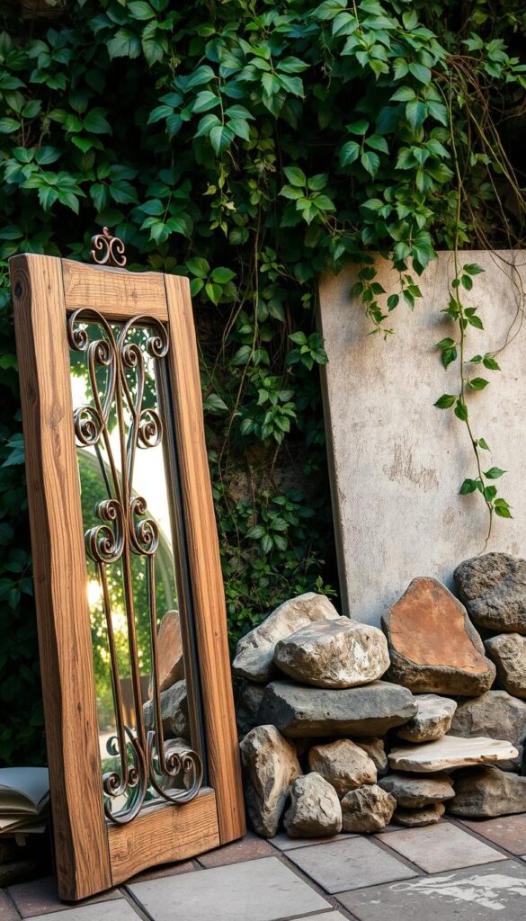 A well-lit outdoor scene showcasing a variety of materials suitable for a garden mirror. In the foreground, a rustic wooden frame with a distressed finish, accented by intricate metalwork in a warm bronze hue. In the middle ground, an assortment of natural stones, ranging from smooth river rocks to rugged slate tiles, arranged in a harmonious display. The background features lush greenery, with trailing vines and verdant foliage complementing the earthy tones of the materials. Soft, diffused lighting casts a gentle glow, capturing the texture and depth of the various surfaces. The overall composition emphasizes the durability and beauty of these materials in an outdoor setting, inviting the viewer to imagine how they might integrate a garden mirror into their own outdoor space. A well-lit outdoor scene showcasing a variety of materials suitable for a garden mirror. In the foreground, a rustic wooden frame with a distressed finish, accented by intricate metalwork in a warm bronze hue. In the middle ground, an assortment of natural stones, ranging from smooth river rocks to rugged slate tiles, arranged in a harmonious display. The background features lush greenery, with trailing vines and verdant foliage complementing the earthy tones of the materials. Soft, diffused lighting casts a gentle glow, capturing the texture and depth of the various surfaces. The overall composition emphasizes the durability and beauty of these materials in an outdoor setting, inviting the viewer to imagine how they might integrate a garden mirror into their own outdoor space.