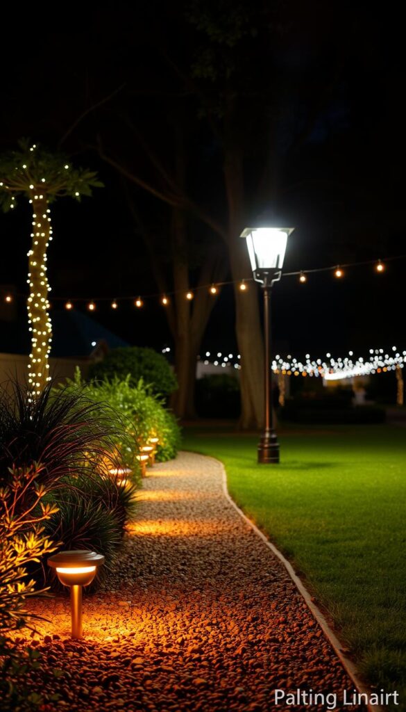 A well-lit outdoor scene, showcasing various safety lighting fixtures. In the foreground, a row of path lights line a gravel walkway, casting a warm, amber glow on the surrounding foliage. In the middle ground, a sturdy lamp post emits a bright, focused beam, illuminating the area beneath it. In the background, strings of café lights are strung between trees, creating a enchanting, magical ambiance. The lighting is balanced, with no harsh shadows or uneven illumination. The scene conveys a sense of security and coziness, perfect for setting the stage for a backyard gathering. Captured with a wide-angle lens to provide a comprehensive view of the safety lighting setup. A well-lit outdoor scene, showcasing various safety lighting fixtures. In the foreground, a row of path lights line a gravel walkway, casting a warm, amber glow on the surrounding foliage. In the middle ground, a sturdy lamp post emits a bright, focused beam, illuminating the area beneath it. In the background, strings of café lights are strung between trees, creating a enchanting, magical ambiance. The lighting is balanced, with no harsh shadows or uneven illumination. The scene conveys a sense of security and coziness, perfect for setting the stage for a backyard gathering. Captured with a wide-angle lens to provide a comprehensive view of the safety lighting setup.