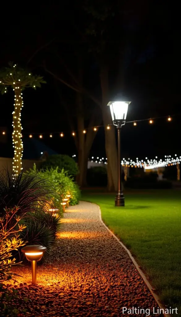 A well-lit outdoor scene, showcasing various safety lighting fixtures. In the foreground, a row of path lights line a gravel walkway, casting a warm, amber glow on the surrounding foliage. In the middle ground, a sturdy lamp post emits a bright, focused beam, illuminating the area beneath it. In the background, strings of café lights are strung between trees, creating a enchanting, magical ambiance. The lighting is balanced, with no harsh shadows or uneven illumination. The scene conveys a sense of security and coziness, perfect for setting the stage for a backyard gathering. Captured with a wide-angle lens to provide a comprehensive view of the safety lighting setup.