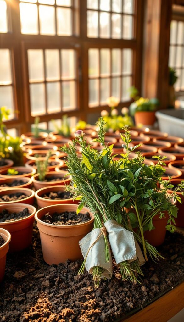 A well-lit potting bench with an array of terracotta pots, filled with rich, dark soil. Sunlight streams in through large windows, casting warm, golden illumination across the scene. Bundles of fresh herbs - rosemary, thyme, and oregano - rest on the bench, their vibrant green leaves and delicate flowers gently swaying. The soil is loose and crumbly, inviting the viewer to dig their hands in and feel the nourishing texture. A sense of tranquility and abundance pervades the image, conveying the ideal conditions for growing healthy, thriving herbs. A well-lit potting bench with an array of terracotta pots, filled with rich, dark soil. Sunlight streams in through large windows, casting warm, golden illumination across the scene. Bundles of fresh herbs - rosemary, thyme, and oregano - rest on the bench, their vibrant green leaves and delicate flowers gently swaying. The soil is loose and crumbly, inviting the viewer to dig their hands in and feel the nourishing texture. A sense of tranquility and abundance pervades the image, conveying the ideal conditions for growing healthy, thriving herbs.