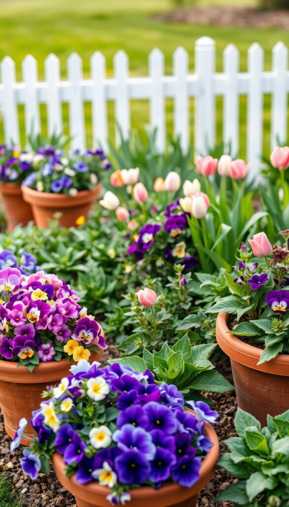 A well-lit, softly focused scene of a spring garden, featuring a variety of cool-season container plantings. In the foreground, a collection of terracotta pots brimming with vibrant pansies, cool-toned primroses, and delicate violas. In the middle ground, a low-growing border of lush, emerald-green foliage plants like ornamental kale and coral bells, accented by the soft pink and lavender hues of early-blooming tulips. The background is a blurred, hazy impression of a picket fence and a lush, verdant lawn, evoking a sense of serene, early-spring tranquility. The lighting is soft and diffused, highlighting the textures and colors of the plants. The overall mood is one of fresh, delicate beauty, capturing the essence of cool-season container gardening before the heat of summer arrives.