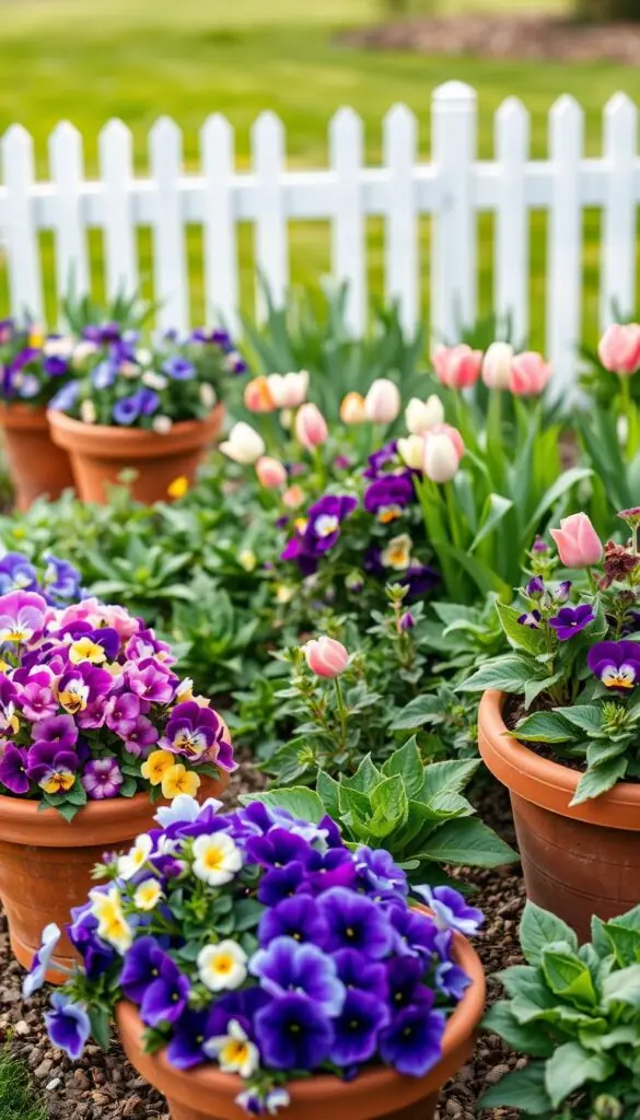 A well-lit, softly focused scene of a spring garden, featuring a variety of cool-season container plantings. In the foreground, a collection of terracotta pots brimming with vibrant pansies, cool-toned primroses, and delicate violas. In the middle ground, a low-growing border of lush, emerald-green foliage plants like ornamental kale and coral bells, accented by the soft pink and lavender hues of early-blooming tulips. The background is a blurred, hazy impression of a picket fence and a lush, verdant lawn, evoking a sense of serene, early-spring tranquility. The lighting is soft and diffused, highlighting the textures and colors of the plants. The overall mood is one of fresh, delicate beauty, capturing the essence of cool-season container gardening before the heat of summer arrives. A well-lit, softly focused scene of a spring garden, featuring a variety of cool-season container plantings. In the foreground, a collection of terracotta pots brimming with vibrant pansies, cool-toned primroses, and delicate violas. In the middle ground, a low-growing border of lush, emerald-green foliage plants like ornamental kale and coral bells, accented by the soft pink and lavender hues of early-blooming tulips. The background is a blurred, hazy impression of a picket fence and a lush, verdant lawn, evoking a sense of serene, early-spring tranquility. The lighting is soft and diffused, highlighting the textures and colors of the plants. The overall mood is one of fresh, delicate beauty, capturing the essence of cool-season container gardening before the heat of summer arrives.