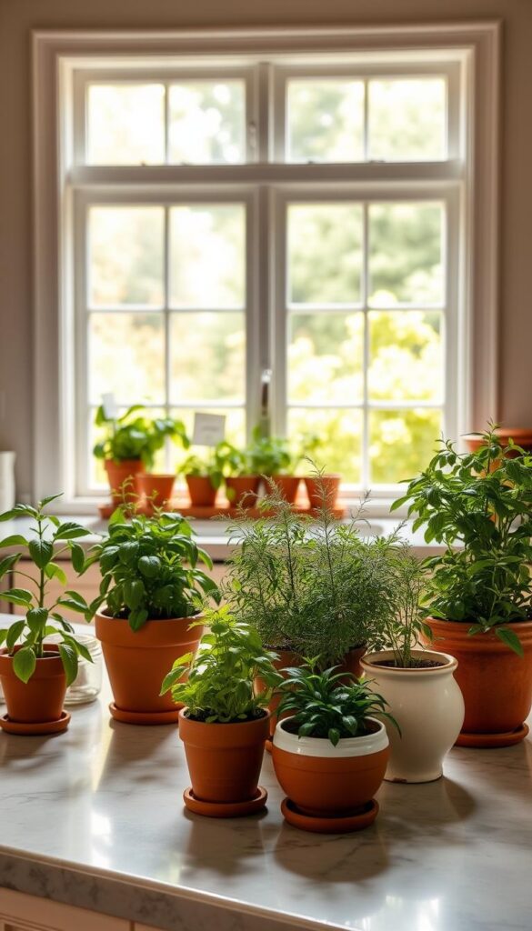 A well-lit, spacious kitchen with a large window overlooking a verdant garden. On the countertop, various sizes of potted herbs - basil, thyme, rosemary, and mint - are strategically placed to maximize sunlight exposure. The pots range from small 6-inch diameter terra cotta vessels to larger 12-inch ceramic planters, arranged in a visually pleasing, asymmetrical layout. Warm, natural lighting filters through the window, casting a soft glow on the herbs and accentuating their vibrant colors. The scene conveys a sense of serenity and the joy of cultivating a thriving indoor herb garden that seamlessly integrates with the home's aesthetic.