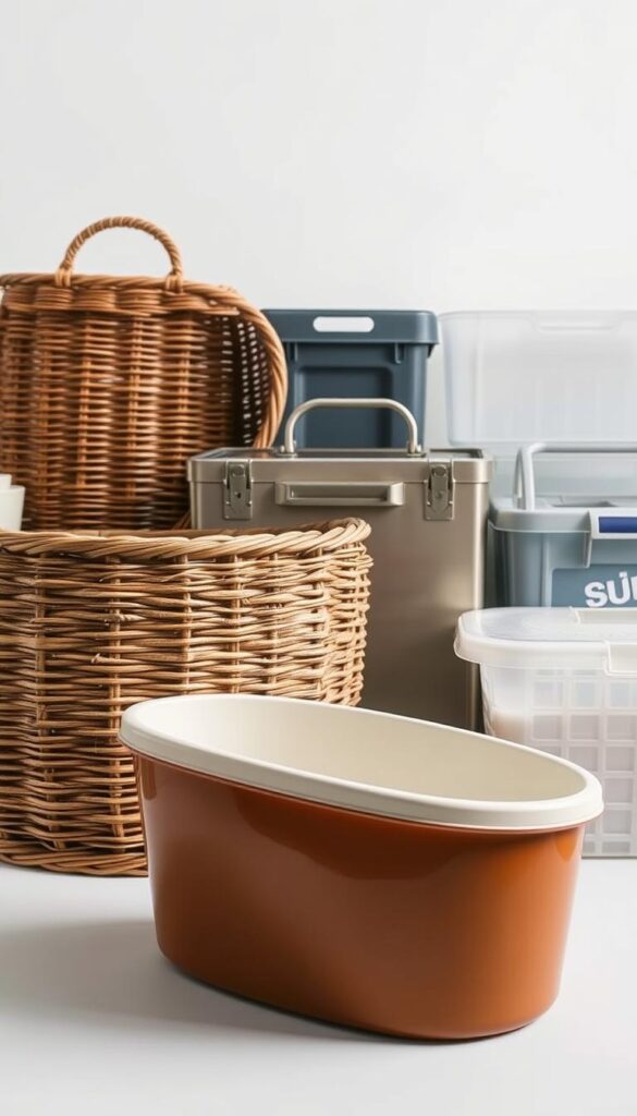 A well-lit still life arrangement showcasing an assortment of materials commonly used in outdoor storage solutions. In the foreground, a smooth resin container, its glossy surface reflecting the studio lighting. In the middle ground, a woven wicker basket and a sleek metal toolbox, their textures and finishes contrasting with each other. In the background, various plastic bins and crates, their translucent bodies and muted colors creating a cohesive scene. The overall composition emphasizes the diverse material options available for small-space outdoor storage, captured with a crisp, clean aesthetic that evokes the article's subject matter.