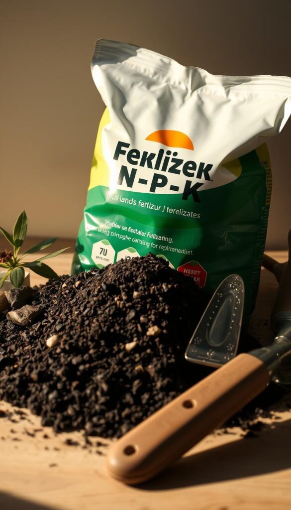 A well-lit still life composition featuring a bag of fertilizer, a small heap of rich dark soil, and a few garden tools. The fertilizer bag is prominently displayed, its label prominently visible, showcasing the N-P-K ratio. The soil is textured and crumbly, with a few small pebbles visible. The tools, such as a trowel and a hand cultivator, are arranged neatly around the soil and fertilizer, suggesting a sense of care and preparation. The lighting is warm and natural, casting soft shadows that add depth and dimension to the scene. The overall mood is one of confidence and expertise, conveying the importance of proper fertilization and soil preparation for a thriving lawn.