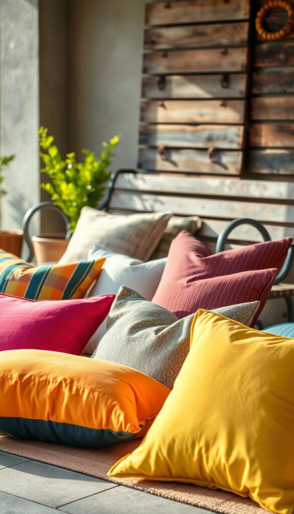A well-lit still life showcasing an assortment of weather-resistant outdoor materials. In the foreground, a selection of vibrant, fade-resistant outdoor cushions in various textures and patterns, their surfaces smooth and durable. In the middle ground, a sturdy, water-repellent outdoor rug and a set of weatherproof throw pillows. In the background, a weathered wooden bench and a rugged, rust-proof metal frame, all bathed in warm, natural lighting that highlights the resilient qualities of the materials. The overall atmosphere conveys a sense of enduring quality and outdoor-ready durability. A well-lit still life showcasing an assortment of weather-resistant outdoor materials. In the foreground, a selection of vibrant, fade-resistant outdoor cushions in various textures and patterns, their surfaces smooth and durable. In the middle ground, a sturdy, water-repellent outdoor rug and a set of weatherproof throw pillows. In the background, a weathered wooden bench and a rugged, rust-proof metal frame, all bathed in warm, natural lighting that highlights the resilient qualities of the materials. The overall atmosphere conveys a sense of enduring quality and outdoor-ready durability.