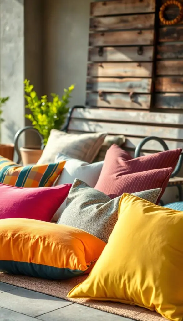 A well-lit still life showcasing an assortment of weather-resistant outdoor materials. In the foreground, a selection of vibrant, fade-resistant outdoor cushions in various textures and patterns, their surfaces smooth and durable. In the middle ground, a sturdy, water-repellent outdoor rug and a set of weatherproof throw pillows. In the background, a weathered wooden bench and a rugged, rust-proof metal frame, all bathed in warm, natural lighting that highlights the resilient qualities of the materials. The overall atmosphere conveys a sense of enduring quality and outdoor-ready durability. A well-lit still life showcasing an assortment of weather-resistant outdoor materials. In the foreground, a selection of vibrant, fade-resistant outdoor cushions in various textures and patterns, their surfaces smooth and durable. In the middle ground, a sturdy, water-repellent outdoor rug and a set of weatherproof throw pillows. In the background, a weathered wooden bench and a rugged, rust-proof metal frame, all bathed in warm, natural lighting that highlights the resilient qualities of the materials. The overall atmosphere conveys a sense of enduring quality and outdoor-ready durability.