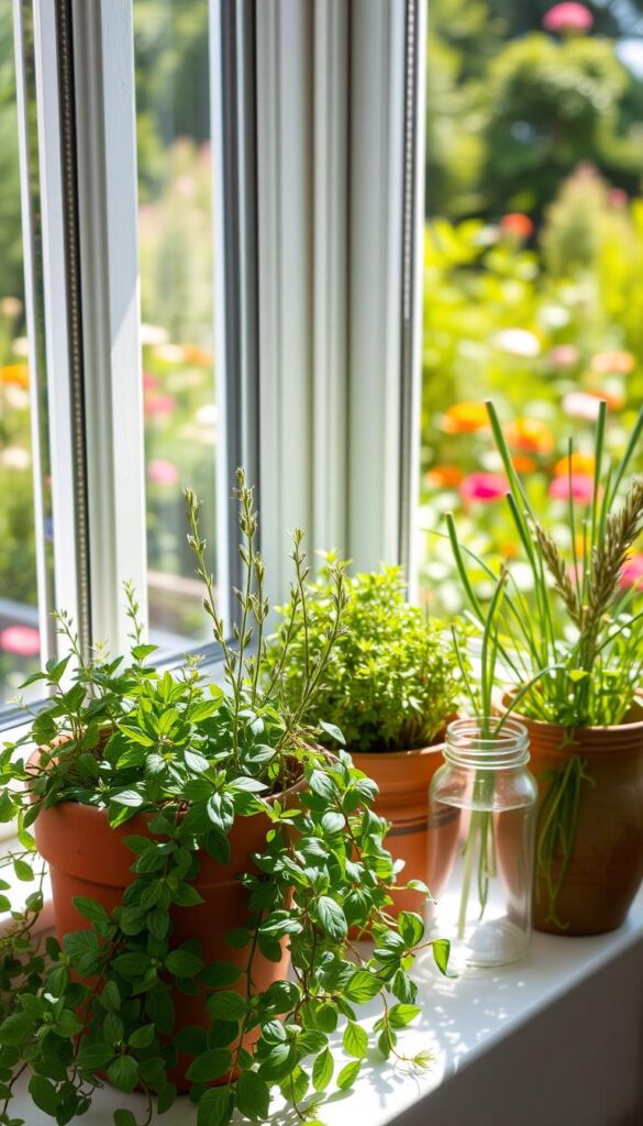A well-lit, sun-dappled garden windowsill filled with a lush arrangement of potted herbs. In the foreground, a terracotta planter overflows with vibrant green leaves of basil, thyme, and oregano, their delicate stems gently swaying. Beside it, a ceramic pot hosts a flourishing rosemary plant, its woody, fragrant sprigs cascading over the edge. In the middle ground, a glass jar holds fresh-cut chives, their slender, hollow stems standing tall. The background frames the scene with a picturesque view of a flourishing garden, its verdant foliage and blooming flowers creating a serene, inviting atmosphere. The overall mood is one of calm, natural beauty and the promise of culinary delight. A well-lit, sun-dappled garden windowsill filled with a lush arrangement of potted herbs. In the foreground, a terracotta planter overflows with vibrant green leaves of basil, thyme, and oregano, their delicate stems gently swaying. Beside it, a ceramic pot hosts a flourishing rosemary plant, its woody, fragrant sprigs cascading over the edge. In the middle ground, a glass jar holds fresh-cut chives, their slender, hollow stems standing tall. The background frames the scene with a picturesque view of a flourishing garden, its verdant foliage and blooming flowers creating a serene, inviting atmosphere. The overall mood is one of calm, natural beauty and the promise of culinary delight.