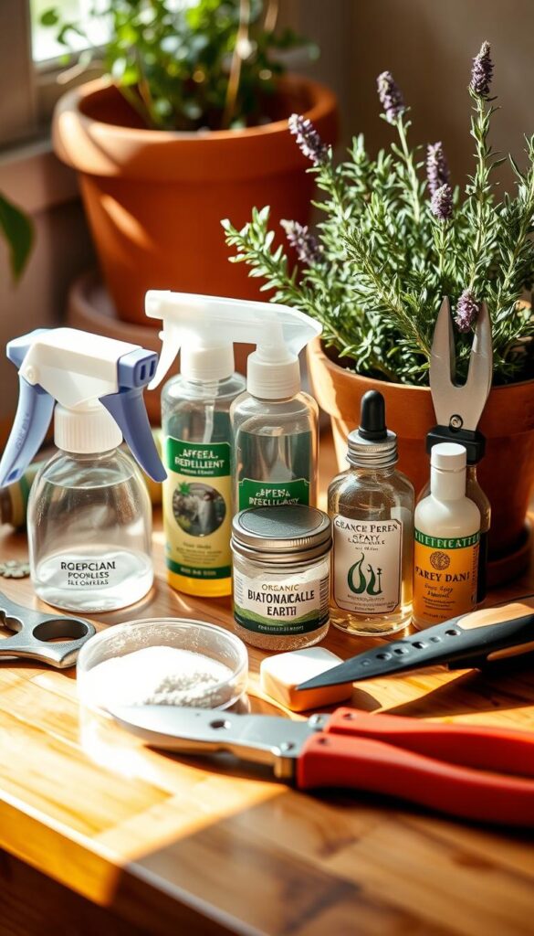 A well-lit table arrangement showcasing a variety of natural pest control tools and materials. In the foreground, a hand-held garden sprayer, organic pest repellent sprays, and a jar of diatomaceous earth. In the middle ground, a pair of pruning shears, a hand trowel, and a small container of neem oil. In the background, a terracotta pot filled with aromatic herbs like rosemary and lavender. The scene is bathed in warm, natural lighting, with a slightly soft focus to emphasize the tools' textures and materials. The overall mood is one of efficiency, sustainability, and a connection to the natural world. A well-lit table arrangement showcasing a variety of natural pest control tools and materials. In the foreground, a hand-held garden sprayer, organic pest repellent sprays, and a jar of diatomaceous earth. In the middle ground, a pair of pruning shears, a hand trowel, and a small container of neem oil. In the background, a terracotta pot filled with aromatic herbs like rosemary and lavender. The scene is bathed in warm, natural lighting, with a slightly soft focus to emphasize the tools' textures and materials. The overall mood is one of efficiency, sustainability, and a connection to the natural world.