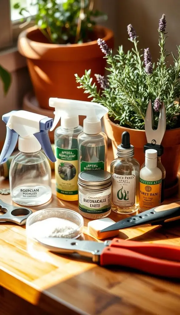 A well-lit table arrangement showcasing a variety of natural pest control tools and materials. In the foreground, a hand-held garden sprayer, organic pest repellent sprays, and a jar of diatomaceous earth. In the middle ground, a pair of pruning shears, a hand trowel, and a small container of neem oil. In the background, a terracotta pot filled with aromatic herbs like rosemary and lavender. The scene is bathed in warm, natural lighting, with a slightly soft focus to emphasize the tools' textures and materials. The overall mood is one of efficiency, sustainability, and a connection to the natural world. A well-lit table arrangement showcasing a variety of natural pest control tools and materials. In the foreground, a hand-held garden sprayer, organic pest repellent sprays, and a jar of diatomaceous earth. In the middle ground, a pair of pruning shears, a hand trowel, and a small container of neem oil. In the background, a terracotta pot filled with aromatic herbs like rosemary and lavender. The scene is bathed in warm, natural lighting, with a slightly soft focus to emphasize the tools' textures and materials. The overall mood is one of efficiency, sustainability, and a connection to the natural world.
