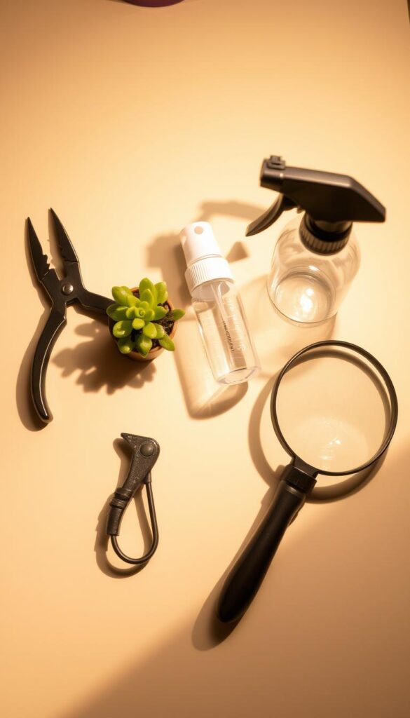 A well-lit table displays an assortment of low-light gardening tools: a small pair of pruning shears, a delicate succulent transplanter, a mister bottle, and a magnifying glass. The items are arranged against a neutral background, casting soft shadows that add depth and dimension. The lighting is warm and diffused, creating a cozy, inviting atmosphere suitable for tending to indoor plants that thrive in low-light conditions. The overall composition emphasizes the essential tools needed for cultivating and caring for these resilient greenery in dimly lit spaces. A well-lit table displays an assortment of low-light gardening tools: a small pair of pruning shears, a delicate succulent transplanter, a mister bottle, and a magnifying glass. The items are arranged against a neutral background, casting soft shadows that add depth and dimension. The lighting is warm and diffused, creating a cozy, inviting atmosphere suitable for tending to indoor plants that thrive in low-light conditions. The overall composition emphasizes the essential tools needed for cultivating and caring for these resilient greenery in dimly lit spaces.