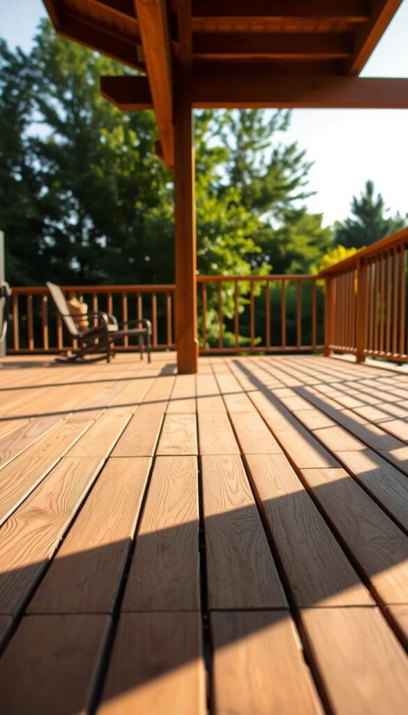 A well-lit wooden deck featuring a variety of decking materials. The foreground showcases a mix of wood planks, composite decking, and weathered cedar boards, each with distinct grains and textures. The middle ground highlights the deck structure, including sturdy posts and railings, all bathed in warm, natural lighting. In the background, lush greenery and a clear sky create a serene, outdoor atmosphere, inviting the viewer to imagine the possibilities of this versatile outdoor space.