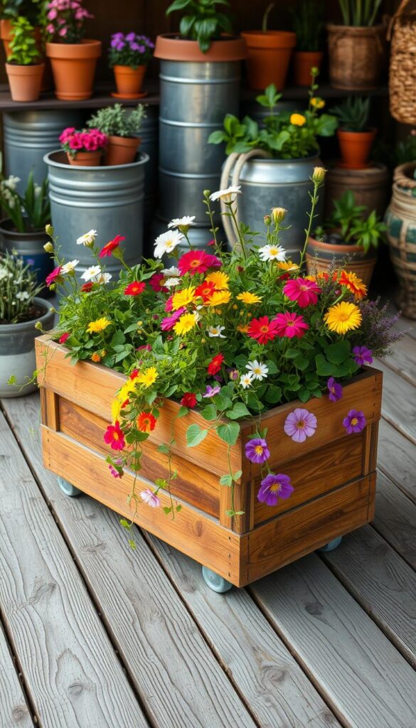 A well-lit wooden garden planter filled with lush, vibrant flowers and greenery. A variety of blooming annuals and trailing vines cascade over the edges, creating a colorful, textured display. The planter is situated on a weathered wooden surface, with a backdrop of a neatly organized collection of additional planters in various sizes and materials, including terracotta, galvanized metal, and woven baskets. Soft, warm lighting illuminates the scene, casting gentle shadows and highlighting the natural textures and colors. The overall atmosphere is one of a charming, inviting outdoor space, perfect for a small-scale DIY spring garden.