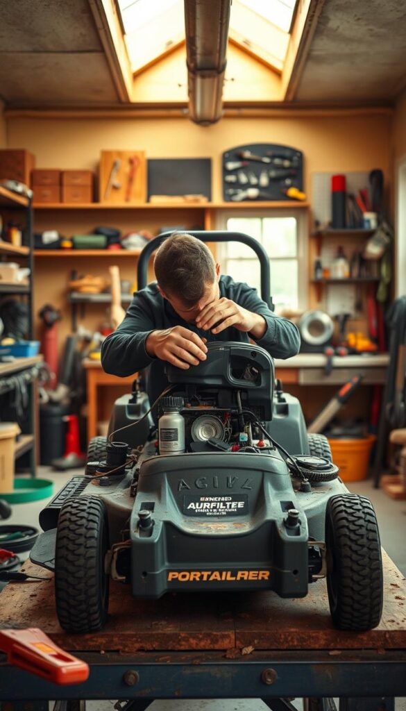 A well-lit workshop interior with a lawn mower on a workbench, surrounded by various maintenance tools and supplies. The lawn mower is in focus, with a clear view of its inner components and the user's hands performing basic tune-up tasks such as changing the oil, sharpening the blade, and checking the air filter. The background features shelves, pegboards, and other workshop elements, creating a professional, organized atmosphere. Warm, natural lighting from overhead and side windows casts soft shadows, emphasizing the details of the mower and the maintenance process. The overall mood is one of diligence, expertise, and care for maintaining outdoor power equipment. A well-lit workshop interior with a lawn mower on a workbench, surrounded by various maintenance tools and supplies. The lawn mower is in focus, with a clear view of its inner components and the user's hands performing basic tune-up tasks such as changing the oil, sharpening the blade, and checking the air filter. The background features shelves, pegboards, and other workshop elements, creating a professional, organized atmosphere. Warm, natural lighting from overhead and side windows casts soft shadows, emphasizing the details of the mower and the maintenance process. The overall mood is one of diligence, expertise, and care for maintaining outdoor power equipment.