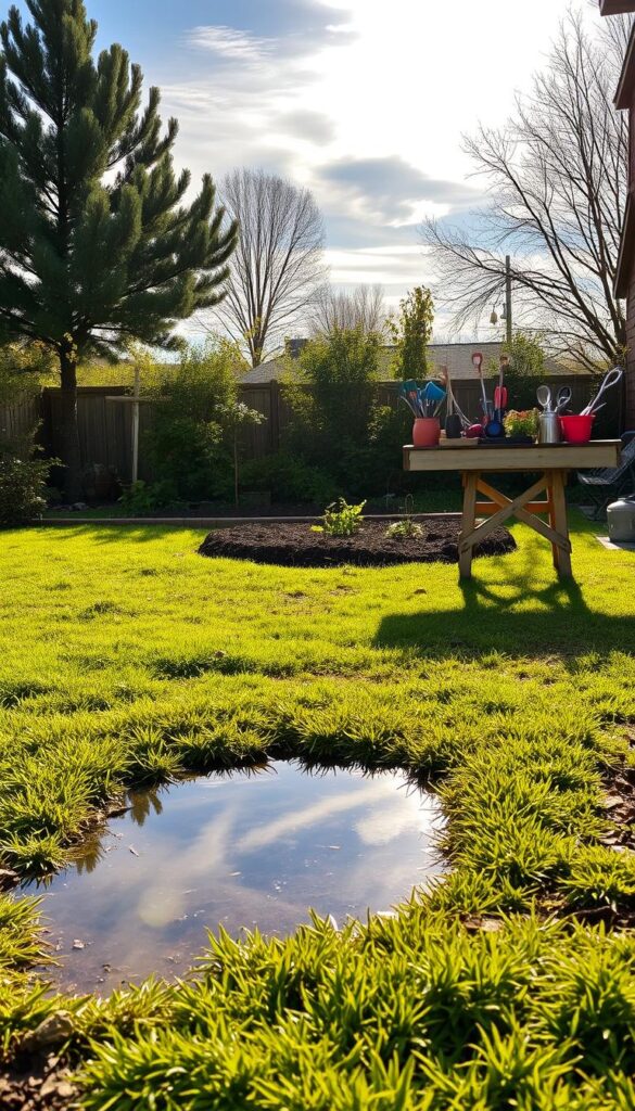 A well-maintained backyard during the spring season, with lush green grass, freshly tilled garden beds, and a variety of garden tools neatly arranged on a weathered wooden workbench. The scene is bathed in warm, golden sunlight filtering through wispy clouds, casting gentle shadows and highlighting the vibrant colors of the surrounding vegetation. In the foreground, a small puddle of water reflects the sky, hinting at the need for improved drainage. The overall atmosphere conveys a sense of tranquility and the promise of a productive gardening season ahead. A well-maintained backyard during the spring season, with lush green grass, freshly tilled garden beds, and a variety of garden tools neatly arranged on a weathered wooden workbench. The scene is bathed in warm, golden sunlight filtering through wispy clouds, casting gentle shadows and highlighting the vibrant colors of the surrounding vegetation. In the foreground, a small puddle of water reflects the sky, hinting at the need for improved drainage. The overall atmosphere conveys a sense of tranquility and the promise of a productive gardening season ahead.