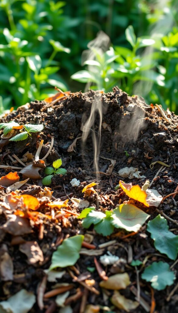 A well-maintained compost pile, nestled in a lush garden setting, illuminated by soft, natural lighting. The foreground showcases a mixture of decomposing organic matter, ranging from vegetable scraps to fallen leaves, all neatly layered and aerated. In the middle ground, the compost appears rich and dark, with wisps of steam gently rising, indicating active microbial activity. The background features a verdant backdrop of thriving plants, hinting at the vibrant ecosystem that the compost nourishes. The overall scene conveys a sense of balance, productivity, and the transformative power of composting, capturing the essence of "Turning Waste into Garden Gold." A well-maintained compost pile, nestled in a lush garden setting, illuminated by soft, natural lighting. The foreground showcases a mixture of decomposing organic matter, ranging from vegetable scraps to fallen leaves, all neatly layered and aerated. In the middle ground, the compost appears rich and dark, with wisps of steam gently rising, indicating active microbial activity. The background features a verdant backdrop of thriving plants, hinting at the vibrant ecosystem that the compost nourishes. The overall scene conveys a sense of balance, productivity, and the transformative power of composting, capturing the essence of "Turning Waste into Garden Gold."
