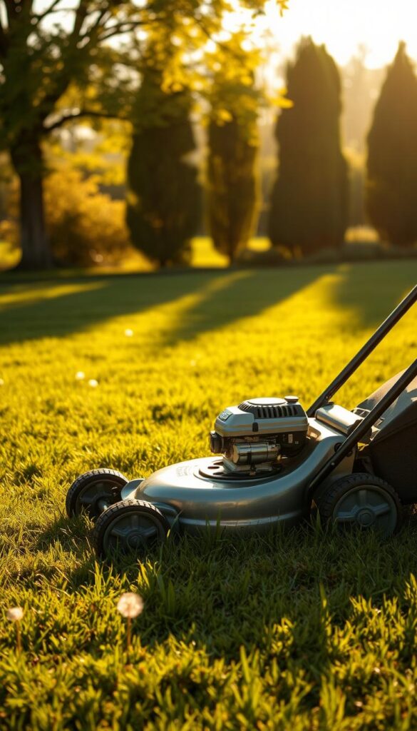 A well-maintained, gas-powered lawn mower sitting on a lush, green lawn in warm, golden afternoon sunlight. The mower's metallic chassis gleams, its sharp blades poised to cut the grass with precision. Shadows fall softly across the foreground, creating depth and texture. In the middle ground, a few scattered dandelions dot the lawn, while in the distance, a row of tall, leafy trees frame the scene, hinting at the coming of spring. The atmosphere is one of tranquility and anticipation, setting the stage for a productive first mow of the season. A well-maintained, gas-powered lawn mower sitting on a lush, green lawn in warm, golden afternoon sunlight. The mower's metallic chassis gleams, its sharp blades poised to cut the grass with precision. Shadows fall softly across the foreground, creating depth and texture. In the middle ground, a few scattered dandelions dot the lawn, while in the distance, a row of tall, leafy trees frame the scene, hinting at the coming of spring. The atmosphere is one of tranquility and anticipation, setting the stage for a productive first mow of the season.