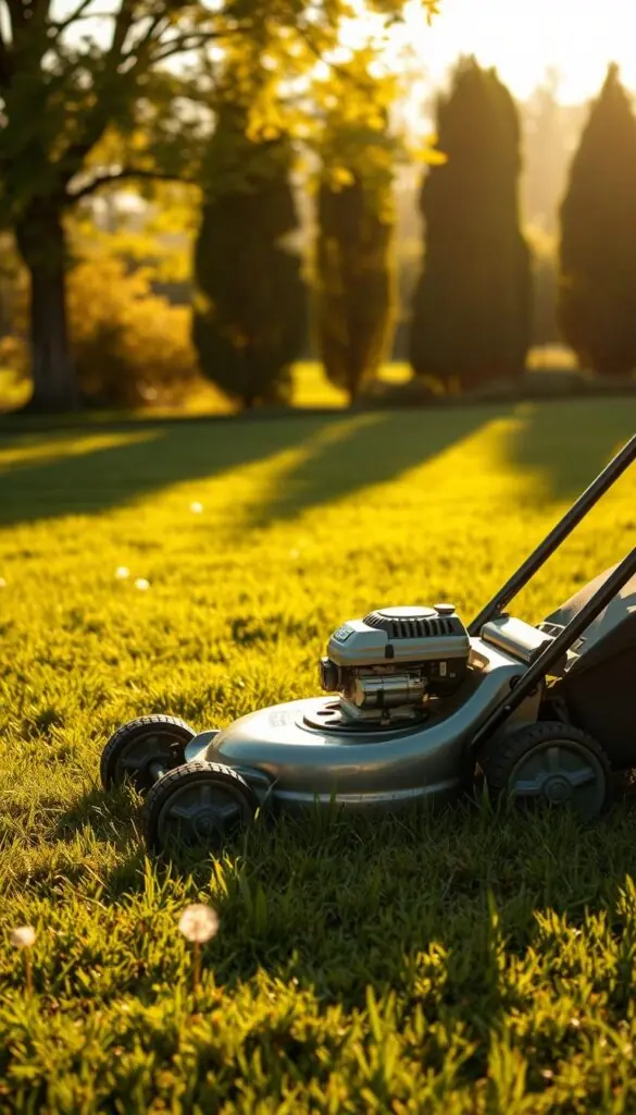 A well-maintained, gas-powered lawn mower sitting on a lush, green lawn in warm, golden afternoon sunlight. The mower's metallic chassis gleams, its sharp blades poised to cut the grass with precision. Shadows fall softly across the foreground, creating depth and texture. In the middle ground, a few scattered dandelions dot the lawn, while in the distance, a row of tall, leafy trees frame the scene, hinting at the coming of spring. The atmosphere is one of tranquility and anticipation, setting the stage for a productive first mow of the season. A well-maintained, gas-powered lawn mower sitting on a lush, green lawn in warm, golden afternoon sunlight. The mower's metallic chassis gleams, its sharp blades poised to cut the grass with precision. Shadows fall softly across the foreground, creating depth and texture. In the middle ground, a few scattered dandelions dot the lawn, while in the distance, a row of tall, leafy trees frame the scene, hinting at the coming of spring. The atmosphere is one of tranquility and anticipation, setting the stage for a productive first mow of the season.