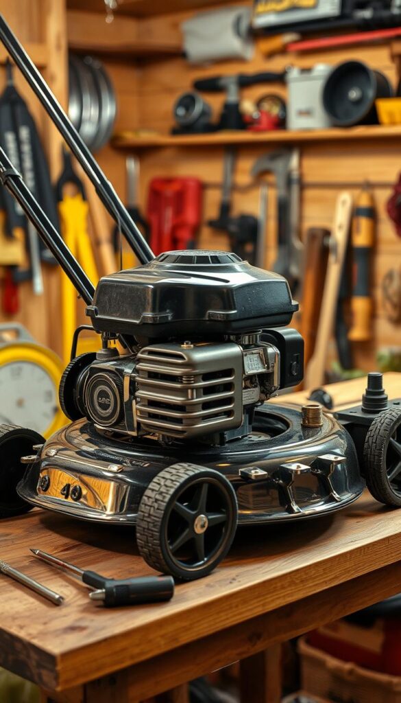 A well-maintained, high-quality lawnmower resting on a wooden workbench against a backdrop of a neatly organized tool shed. The mower's chrome engine gleams under soft, warm lighting, its sharp, freshly-sharpened blades reflecting the scene. The mower's body is clean and free of any debris, suggesting recent care and attention. The workbench surface is clear, save for a few essential tools like a screwdriver and an oiling can, creating a sense of order and preparedness. The tool shed's interior is visible, hinting at shelves stocked with other gardening equipment, conveying a mood of organized, seasonal maintenance. A well-maintained, high-quality lawnmower resting on a wooden workbench against a backdrop of a neatly organized tool shed. The mower's chrome engine gleams under soft, warm lighting, its sharp, freshly-sharpened blades reflecting the scene. The mower's body is clean and free of any debris, suggesting recent care and attention. The workbench surface is clear, save for a few essential tools like a screwdriver and an oiling can, creating a sense of order and preparedness. The tool shed's interior is visible, hinting at shelves stocked with other gardening equipment, conveying a mood of organized, seasonal maintenance.