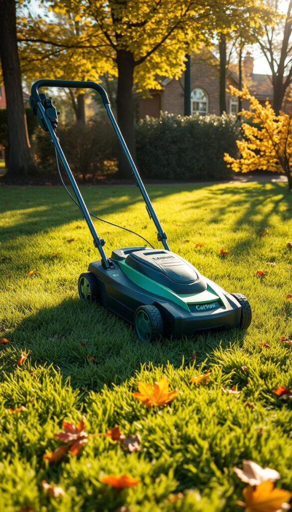 A well-maintained lawn mower cutting lush, verdant grass on a crisp autumn day, sunlight filtering through the trees and casting soft shadows. The mower is a modern, battery-powered model, its sleek design and efficient motor making the task of mowing effortless. The homeowner, clad in casual, comfortable attire, guides the mower with precision, creating neat, even rows of freshly cut grass. The resulting clippings form a light, nutrient-rich mulch that will feed the lawn, preparing it for the coming winter. The scene exudes a sense of tranquility and accomplishment, perfectly capturing the essence of tending to a healthy, thriving lawn in the fall season. A well-maintained lawn mower cutting lush, verdant grass on a crisp autumn day, sunlight filtering through the trees and casting soft shadows. The mower is a modern, battery-powered model, its sleek design and efficient motor making the task of mowing effortless. The homeowner, clad in casual, comfortable attire, guides the mower with precision, creating neat, even rows of freshly cut grass. The resulting clippings form a light, nutrient-rich mulch that will feed the lawn, preparing it for the coming winter. The scene exudes a sense of tranquility and accomplishment, perfectly capturing the essence of tending to a healthy, thriving lawn in the fall season.