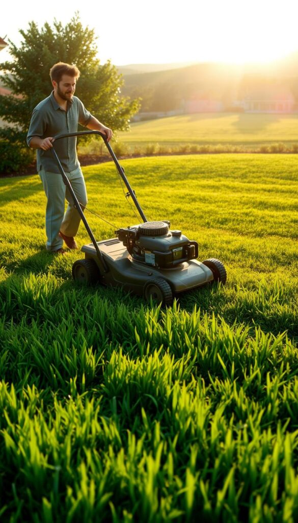 A well-maintained lawn mower glides effortlessly over a lush, verdant expanse, its blades slicing through the grass with precision. The sun's gentle rays cast a warm, golden glow, illuminating the scene with a sense of tranquility. In the foreground, the mower's operator, dressed in casual attire, navigates the lawn with a calm, measured stride, ensuring each pass is executed with care. The middle ground reveals a neatly trimmed, resilient carpet of grass, its blades standing tall and healthy, unfazed by the heat. In the background, a meticulously manicured landscape unfolds, showcasing the harmonious coexistence of nature and human stewardship. The overall atmosphere conveys a sense of accomplishment and the pride of maintaining a thriving, resilient lawn.
