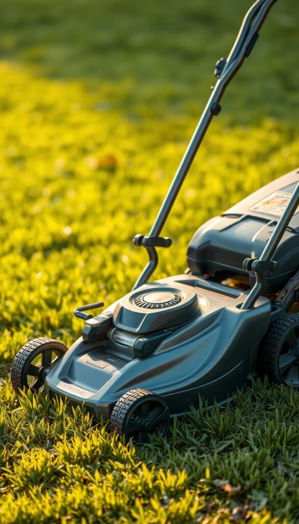 A well-maintained, professional-grade mulching lawn mower standing on a lush, green lawn, bathed in warm, golden sunlight. The mower's sleek, metallic body gleams, its sharp blades poised to efficiently shred and return grass clippings back to the soil. The mower is positioned at a slight angle, revealing its undercarriage and the intricate mechanics that power its mulching function. The background is softly blurred, drawing the viewer's focus to the mower as the centerpiece, a tool ready to expertly maintain a healthy, thriving lawn.