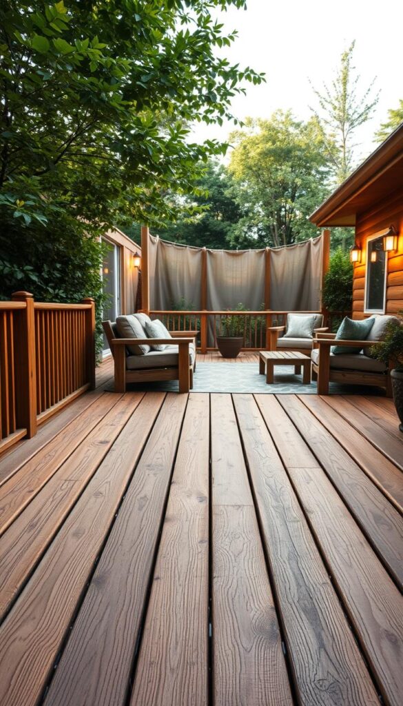 A well-maintained wooden deck with warm, natural tones. The deck boards have a weathered, distressed appearance, and the grain pattern is clearly visible. The deck is set against a backdrop of lush, verdant foliage, creating a serene, outdoor living space. The lighting is soft and diffused, creating a cozy, inviting atmosphere. The deck is arranged with comfortable outdoor furniture, such as a patio sofa and chairs, encouraging relaxation and enjoyment of the space. The overall composition conveys a sense of rustic charm and effortless outdoor living.