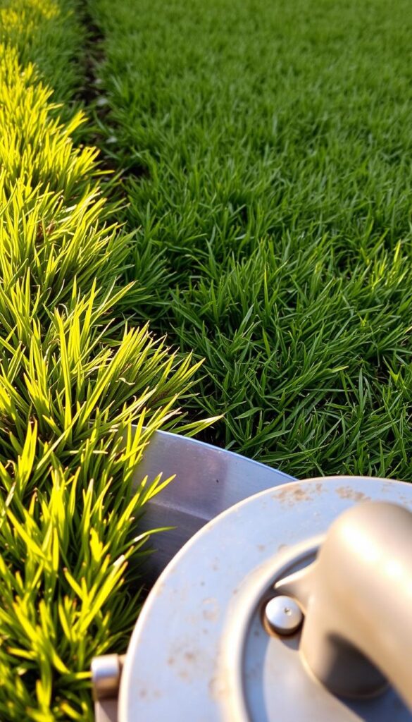 A well-manicured lawn edge, freshly trimmed with a sharp edger tool. The blade slices cleanly through the verdant grass, creating a crisp, defined border. The sun casts warm, golden light across the scene, casting soft shadows that accentuate the clean lines. In the foreground, the edger's metal body gleams, its handle worn smooth from frequent use. The middle ground features a neatly edged lawn, the grass blades aligned in orderly rows. In the background, a lush, green lawn stretches out, the edges precisely maintained, creating a sense of order and attention to detail.