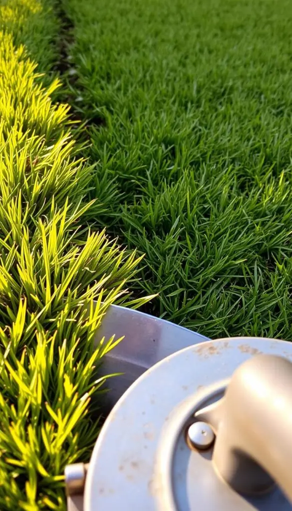 A well-manicured lawn edge, freshly trimmed with a sharp edger tool. The blade slices cleanly through the verdant grass, creating a crisp, defined border. The sun casts warm, golden light across the scene, casting soft shadows that accentuate the clean lines. In the foreground, the edger's metal body gleams, its handle worn smooth from frequent use. The middle ground features a neatly edged lawn, the grass blades aligned in orderly rows. In the background, a lush, green lawn stretches out, the edges precisely maintained, creating a sense of order and attention to detail.