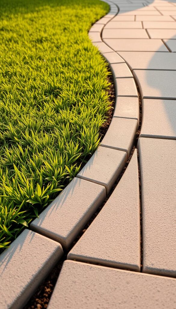 A well-manicured lawn edging, crafted with precision and attention to detail. A shallow trench cuts a crisp line, revealing the contrast between the lush grass and the surrounding soil. Smooth, uniform concrete pavers line the edge, their neutral tones complementing the verdant hues. Warm, directional lighting casts soft shadows, accentuating the clean, geometric lines and lending a professional, tailored appearance. The scene exudes a sense of order and refinement, inviting the viewer to imagine a meticulously maintained outdoor space. A well-manicured lawn edging, crafted with precision and attention to detail. A shallow trench cuts a crisp line, revealing the contrast between the lush grass and the surrounding soil. Smooth, uniform concrete pavers line the edge, their neutral tones complementing the verdant hues. Warm, directional lighting casts soft shadows, accentuating the clean, geometric lines and lending a professional, tailored appearance. The scene exudes a sense of order and refinement, inviting the viewer to imagine a meticulously maintained outdoor space.