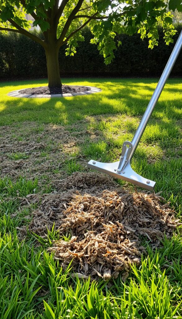 A well-manicured lawn, its surface covered in a thick, matted layer of dead grass and organic matter. The thatched surface appears spongy and uneven, contrasting sharply with the lush, vibrant green of the surrounding grass. In the foreground, a sturdy metal dethatcher rakes through the thatch, exposing the soil beneath and loosening the compacted material. Sunlight filters through the leaves of a nearby tree, casting a warm, natural glow over the scene. The image conveys the importance of regular lawn maintenance and the satisfying process of removing thatch to revitalize a struggling lawn.
