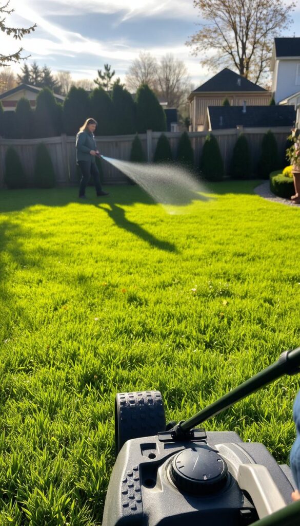 A well-manicured lawn on a crisp autumn day, the sun filtering through wispy clouds. In the foreground, a person diligently mowing, the lush grass yielding to the sharp blades of the push mower. In the middle ground, they pause to water the lawn, a gentle spray from a hose reviving the thirsty blades. The background is a picturesque suburban setting, with neatly trimmed hedges and a wooden fence framing the scene. The mood is one of productive tranquility, as the homeowner carefully tends to their lawn, preparing it for the changing seasons ahead.