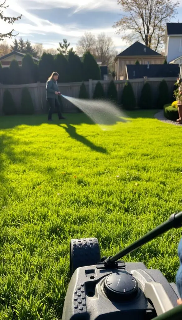A well-manicured lawn on a crisp autumn day, the sun filtering through wispy clouds. In the foreground, a person diligently mowing, the lush grass yielding to the sharp blades of the push mower. In the middle ground, they pause to water the lawn, a gentle spray from a hose reviving the thirsty blades. The background is a picturesque suburban setting, with neatly trimmed hedges and a wooden fence framing the scene. The mood is one of productive tranquility, as the homeowner carefully tends to their lawn, preparing it for the changing seasons ahead. A well-manicured lawn on a crisp autumn day, the sun filtering through wispy clouds. In the foreground, a person diligently mowing, the lush grass yielding to the sharp blades of the push mower. In the middle ground, they pause to water the lawn, a gentle spray from a hose reviving the thirsty blades. The background is a picturesque suburban setting, with neatly trimmed hedges and a wooden fence framing the scene. The mood is one of productive tranquility, as the homeowner carefully tends to their lawn, preparing it for the changing seasons ahead.