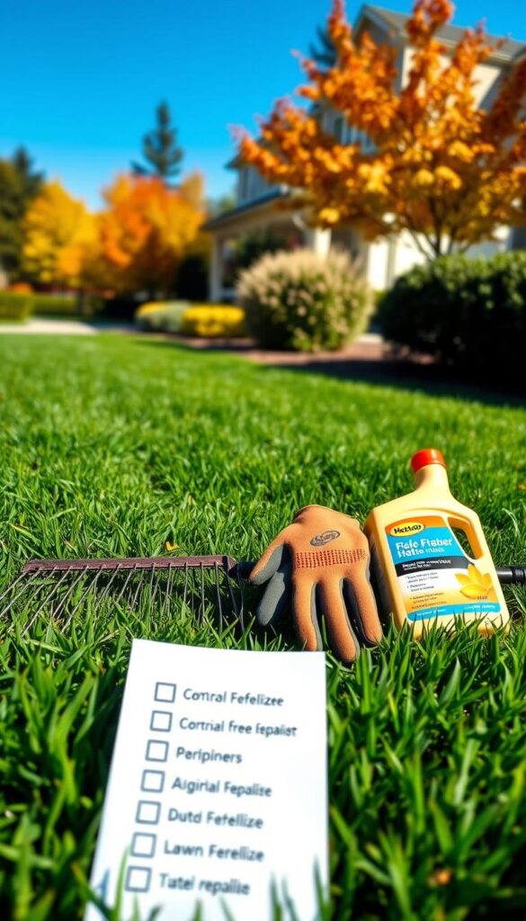 A well-manicured lawn on a sunny autumn day, the foreground showcasing a checklist of tasks to complete before the first frost. A rake, a pair of gardening gloves, and a bottle of lawn fertilizer stand ready, with lush green grass and a clear blue sky in the background. The scene exudes a sense of peaceful preparation, inviting the viewer to take stock of their lawn's needs and ensure it weathers the winter season with resilience. A well-manicured lawn on a sunny autumn day, the foreground showcasing a checklist of tasks to complete before the first frost. A rake, a pair of gardening gloves, and a bottle of lawn fertilizer stand ready, with lush green grass and a clear blue sky in the background. The scene exudes a sense of peaceful preparation, inviting the viewer to take stock of their lawn's needs and ensure it weathers the winter season with resilience.
