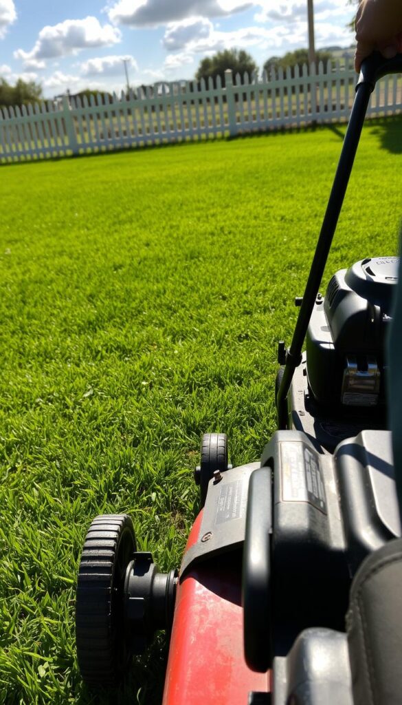 A well-manicured lawn with a crisp, neat pattern created by a gas-powered lawn mower. In the foreground, the mower's blades cleanly slice through the lush, green grass, leaving behind a trail of neatly trimmed blades. The mower's engine hums softly, and the operator guides it with precision, their movements efficient and focused. In the middle ground, the freshly mowed lawn stretches out, its surface an even, vibrant green. Sunlight filters through scattered clouds, casting a warm, natural glow over the scene. In the background, a picket fence frames the lawn, adding a sense of order and structure to the tranquil outdoor setting. The overall atmosphere is one of peaceful, productive lawn maintenance, capturing the essence of the "Mowing made simple" section of the article.