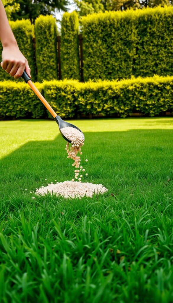 A well-manicured lawn with a person carefully applying fertilizer, using a handheld spreader. The foreground shows the person's hands and the spreader, with an array of fertilizer granules spilling out. The middle ground depicts the lush, verdant grass, dotted with patches of sunlight filtering through. In the background, a neatly trimmed hedge and a wooden fence frame the scene, conveying a sense of order and attention to detail. The lighting is soft and natural, creating a warm, inviting atmosphere. The overall composition emphasizes the simplicity and importance of properly applying lawn fertilizer.