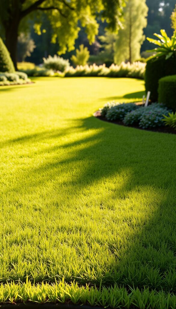 A well-manicured lawn with crisp, clean edges. The foreground features a neatly trimmed border, the grass blades standing tall and vibrant. In the middle ground, the transition between the lawn and surrounding garden is seamless, with a sharply defined line. Warm, golden sunlight filters through, creating soft shadows that accentuate the clean, precise lines. The background is a lush, verdant landscape, with trees and shrubs framing the scene. The overall atmosphere is one of order, attention to detail, and pride in a well-maintained outdoor space.
