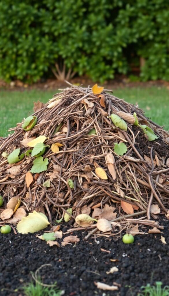 A well-organized compost pile in a backyard garden setting, with a lush, verdant background. The pile is composed of various organic materials, including fallen leaves, vegetable scraps, and shredded twigs, arranged in neat layers. Soft, diffused lighting illuminates the scene, creating a warm, autumnal atmosphere. The pile is situated on a patch of rich, dark soil, hinting at the nutrient-rich compost that will result from this process. The overall composition conveys a sense of sustainability and the cycle of life, inviting the viewer to imagine the transformation of these materials into nourishing soil for the garden.