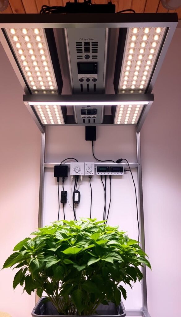 A well-organized grow light setup with a modern, minimalist aesthetic. The foreground features a sleek, metal frame supporting an array of full-spectrum LED grow lights, strategically positioned to evenly illuminate a lush, verdant plant below. The middle ground showcases a neatly arranged setup of timers, power cords, and other accessories, all integrated seamlessly. The background depicts a clean, minimalist interior with white walls and natural wood accents, creating a serene, calm atmosphere that complements the grow light setup. The lighting is soft and diffused, casting a gentle, warm glow on the scene. The overall composition conveys a sense of order, functionality, and care for the indoor plant's needs.