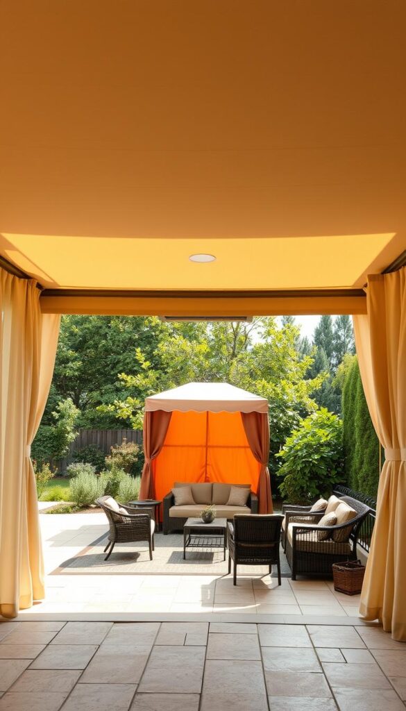 A well-organized outdoor space with various sized curtains and canopies. In the foreground, a large patio features a sizable awning that casts a warm, natural light across the scene. In the middle ground, smaller canopies in complementary hues flank a cozy seating area. The background showcases a lush, verdant garden, inviting viewers to imagine the perfect blend of style and function for their own outdoor oasis. The composition is captured with a wide-angle lens, emphasizing the depth and scale of the setting. An overall serene and inviting atmosphere, highlighting the versatility of customizable outdoor curtains and canopies.