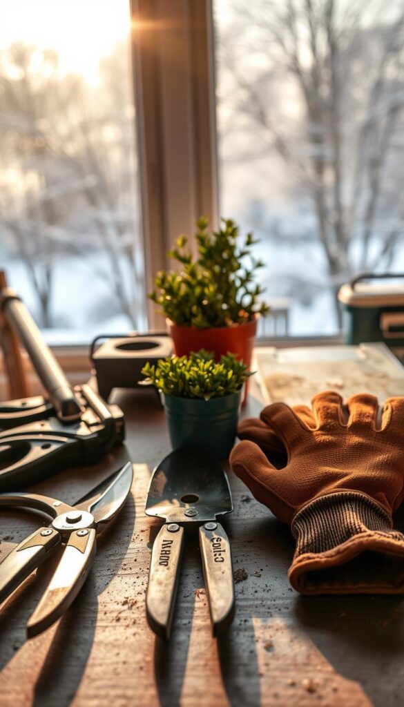 A well-organized workbench, adorned with a variety of gleaming garden tools, sits in a cozy, sunlit workshop. In the foreground, a set of pruning shears, a trowel, and a pair of sturdy gardening gloves are neatly arranged, ready for inspection and sharpening. In the middle ground, a lush potted plant and a small toolbox add a touch of nature and functionality to the scene. The background is softly blurred, hinting at the serene winter landscape outside the large window, casting a warm glow over the entire composition. The overall atmosphere exudes a sense of preparedness and anticipation, as if the tools are eagerly awaiting their opportunity to tackle the upcoming spring garden tasks with precision and efficiency. A well-organized workbench, adorned with a variety of gleaming garden tools, sits in a cozy, sunlit workshop. In the foreground, a set of pruning shears, a trowel, and a pair of sturdy gardening gloves are neatly arranged, ready for inspection and sharpening. In the middle ground, a lush potted plant and a small toolbox add a touch of nature and functionality to the scene. The background is softly blurred, hinting at the serene winter landscape outside the large window, casting a warm glow over the entire composition. The overall atmosphere exudes a sense of preparedness and anticipation, as if the tools are eagerly awaiting their opportunity to tackle the upcoming spring garden tasks with precision and efficiency.