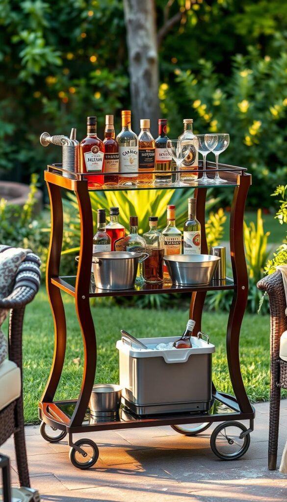 A well-stocked bar cart standing in a lush, verdant backyard. The cart is crafted from dark wood with elegant, curved legs and a tempered glass top, reflecting the sunlight. On the shelves, an assortment of premium liquors, cocktail mixers, and decorative glassware. A silver ice bucket, tongs, and a small cooler filled with chilled beverages sit alongside. The scene is bathed in warm, golden-hour lighting, creating a cozy, inviting atmosphere. The cart is positioned near a comfortable seating area, ready to serve as a flexible, mobile drinks station for effortless backyard entertaining.