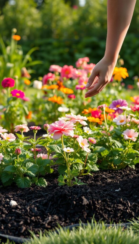 A well-tended flower bed with a fresh layer of mulch, illuminated by soft, natural lighting. In the foreground, hands carefully spreading the dark, nutrient-rich mulch around the base of vibrant blooms. The middle ground showcases a variety of flowering plants, their petals swaying gently in a light breeze. In the background, a lush, verdant garden landscape sets the scene, creating a serene and picturesque atmosphere. The composition emphasizes the simplicity and effectiveness of this gardening task, inviting the viewer to envision themselves tending to their own flower beds with ease and confidence.